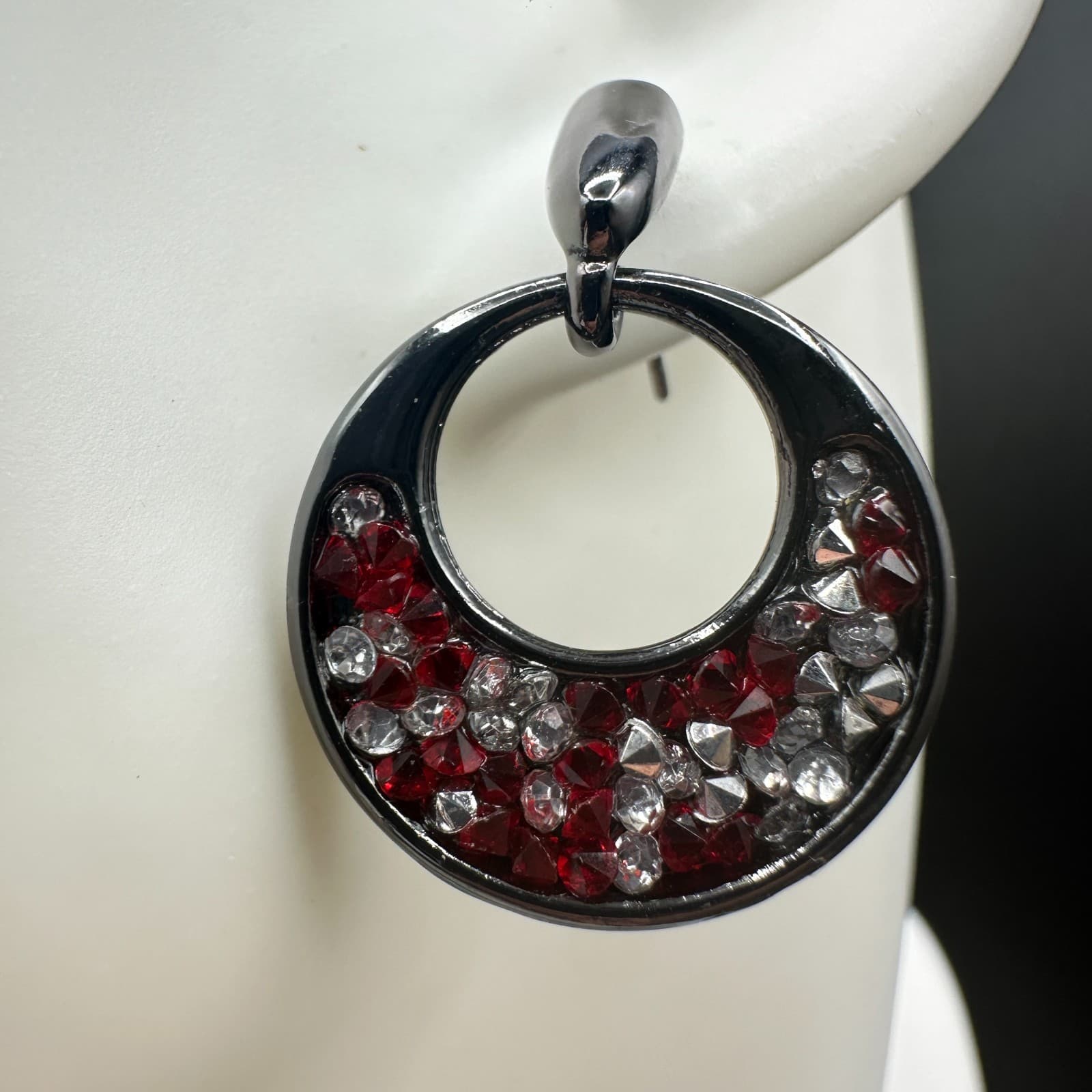 Vintage Red & Clear Rhinestone Open-Hoop Dangle Earrings
