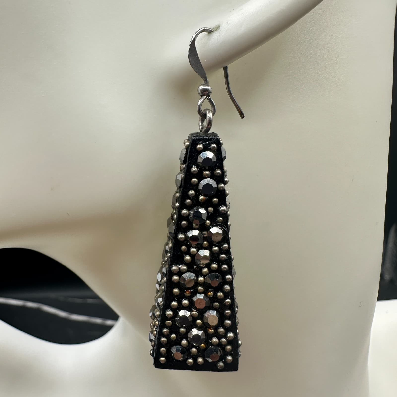 Vintage Black Rhinestone Studded Tapered Dangle Earrings Punk Glam