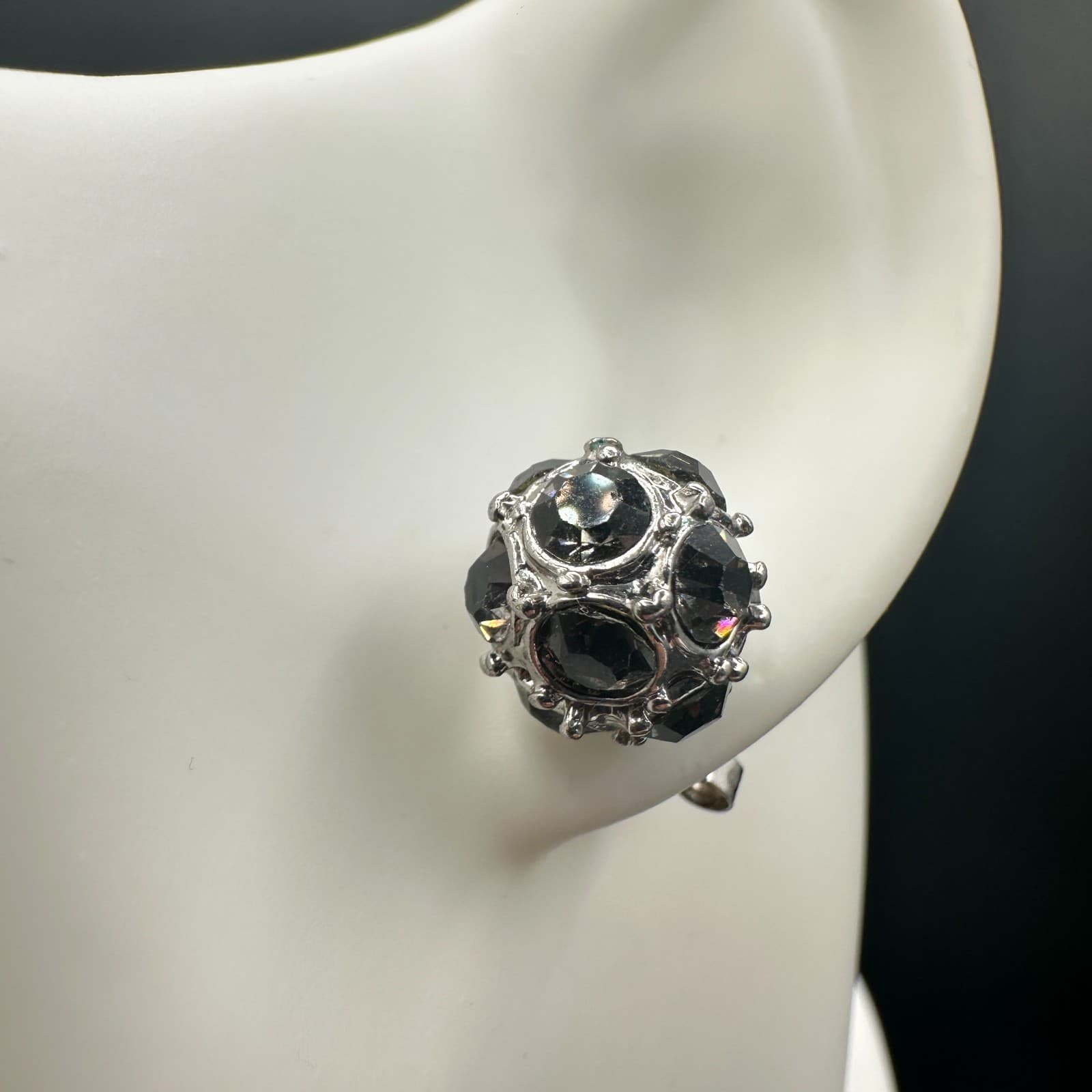 Vintage Silver Tone Alloy Black Faceted Crystal Stud Earrings Women Round Cluste
