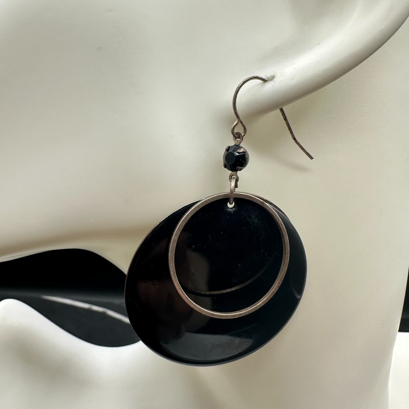 Vintage Black Resin & Silver Tone Double Circle Dangle Earrings