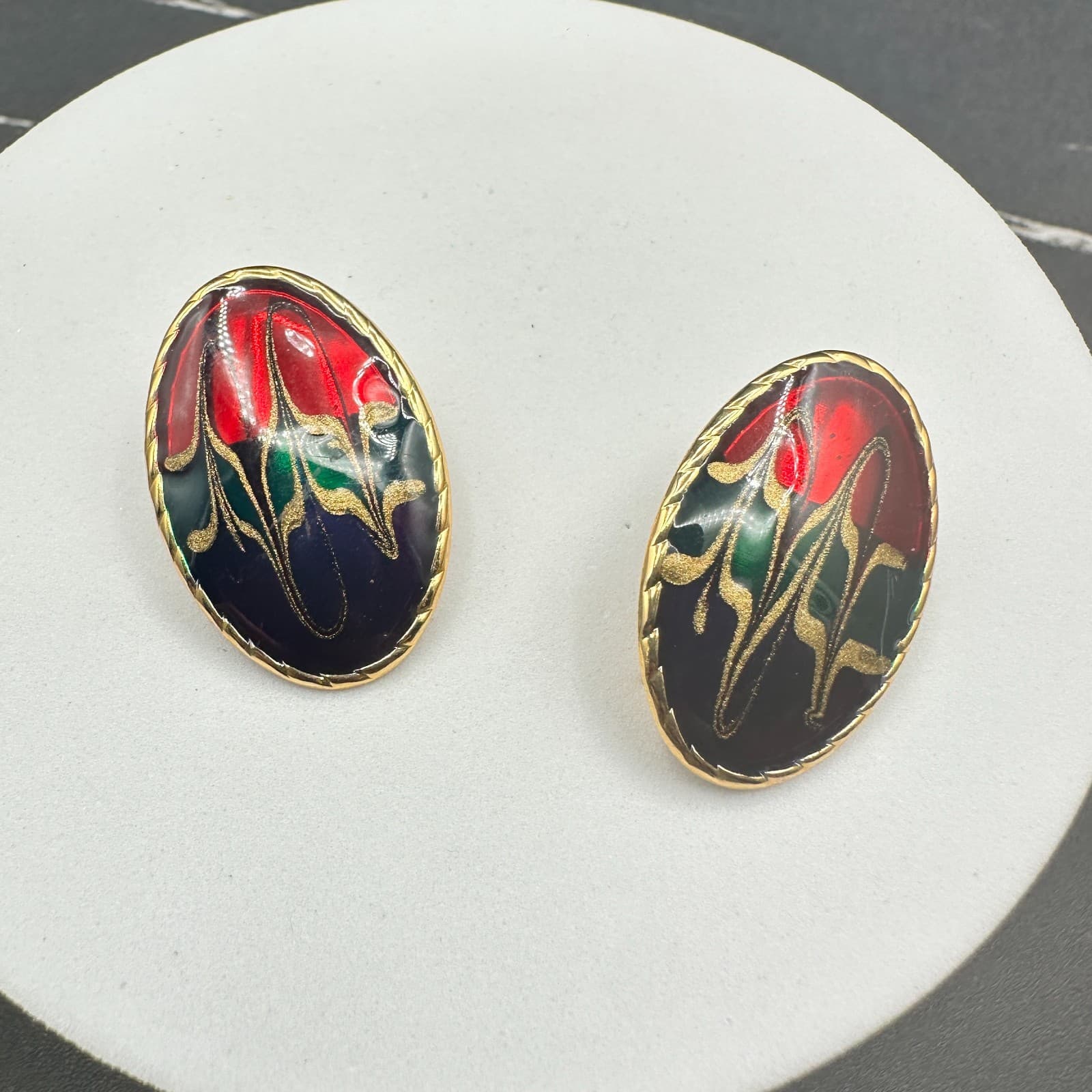 Vintage Multicolor Enamel Oval Clip-On Earrings Gold Tone Abstract