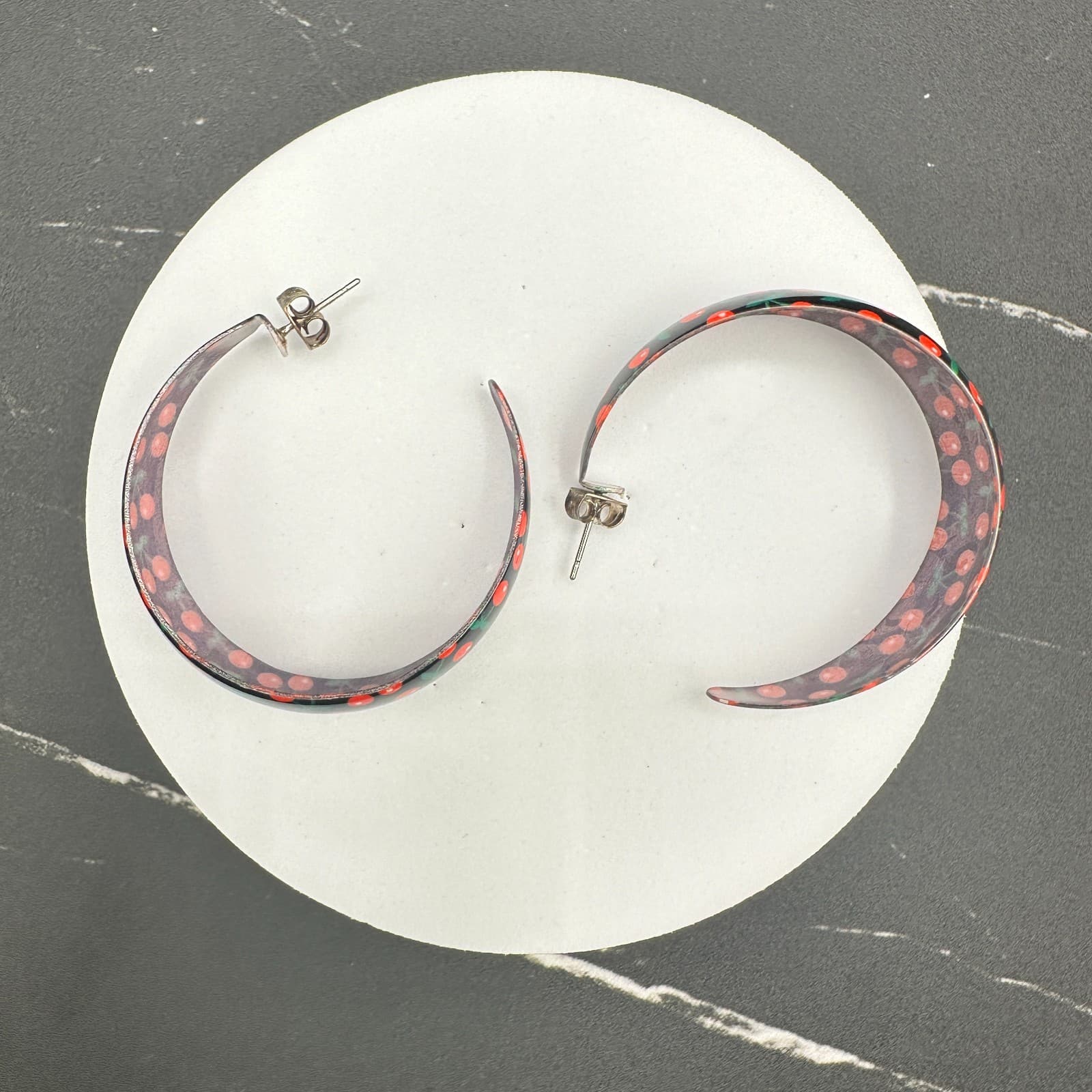 Vintage Acrylic Hoop Earrings Women Large Black Red Cherry Pattern Fruit Retro