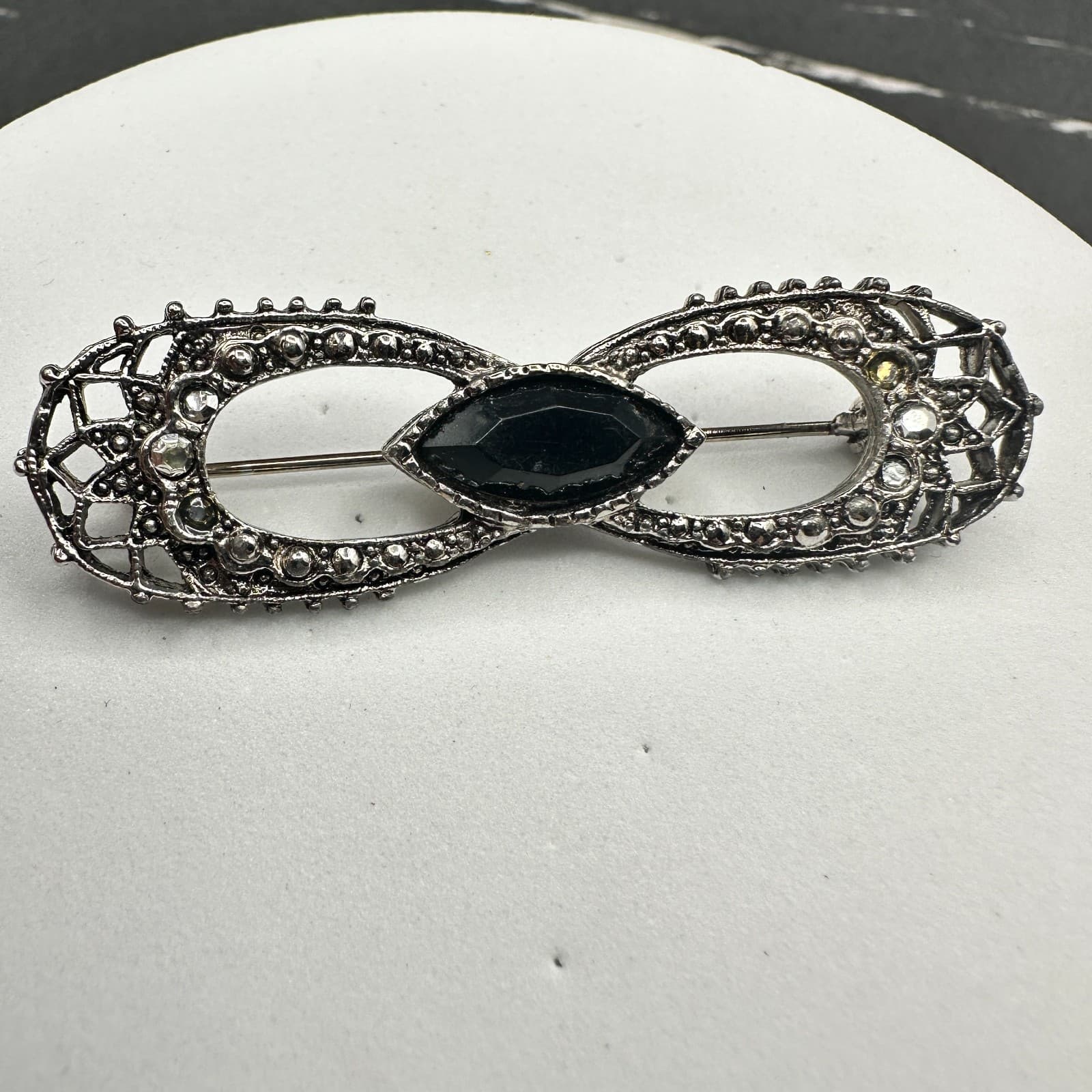 Vintage Silver Tone Black Marquise Rhinestone Brooch Art Deco Style