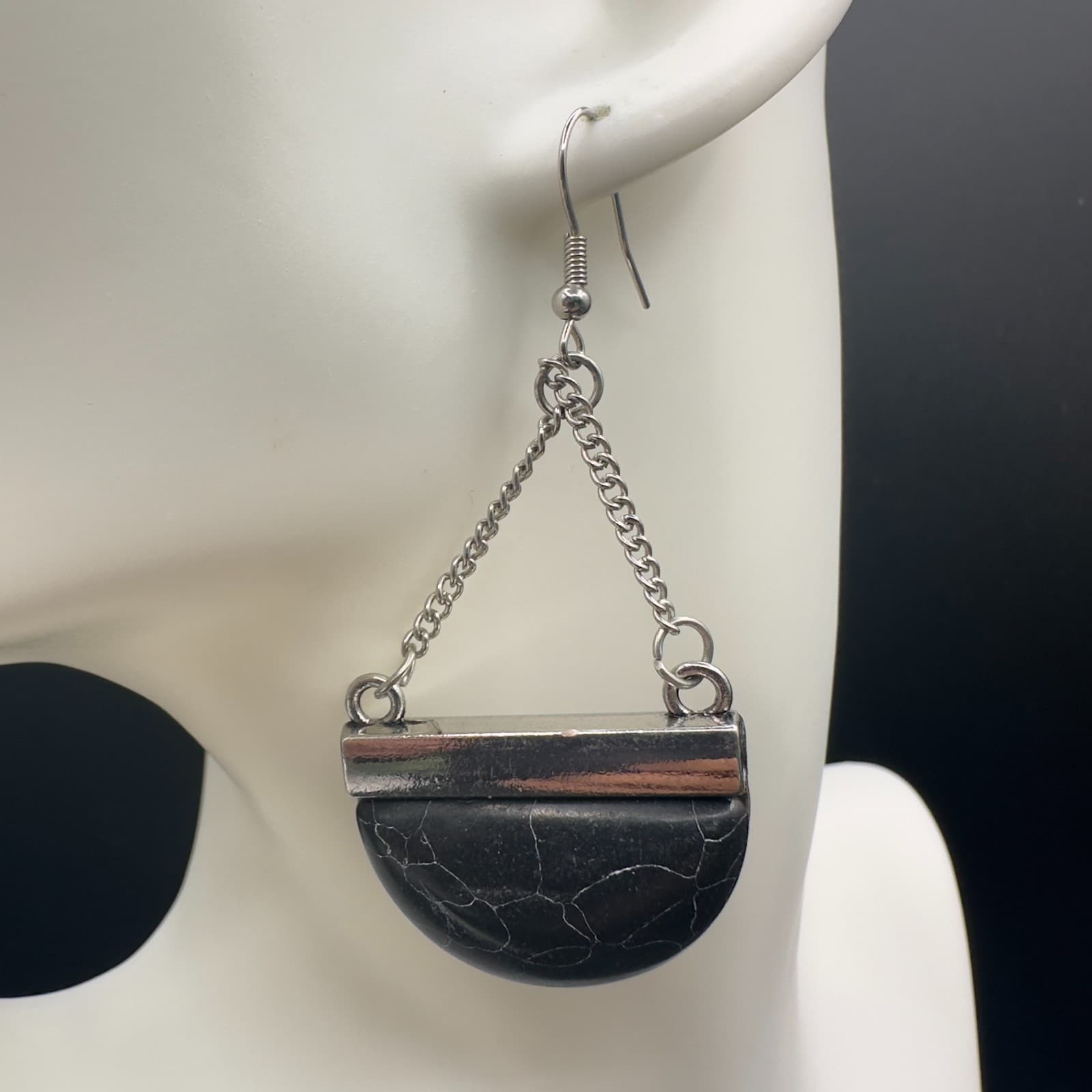Black Half Moon Stone Dangle Earrings Silver Tone Chain Boho Geometric Jewelry