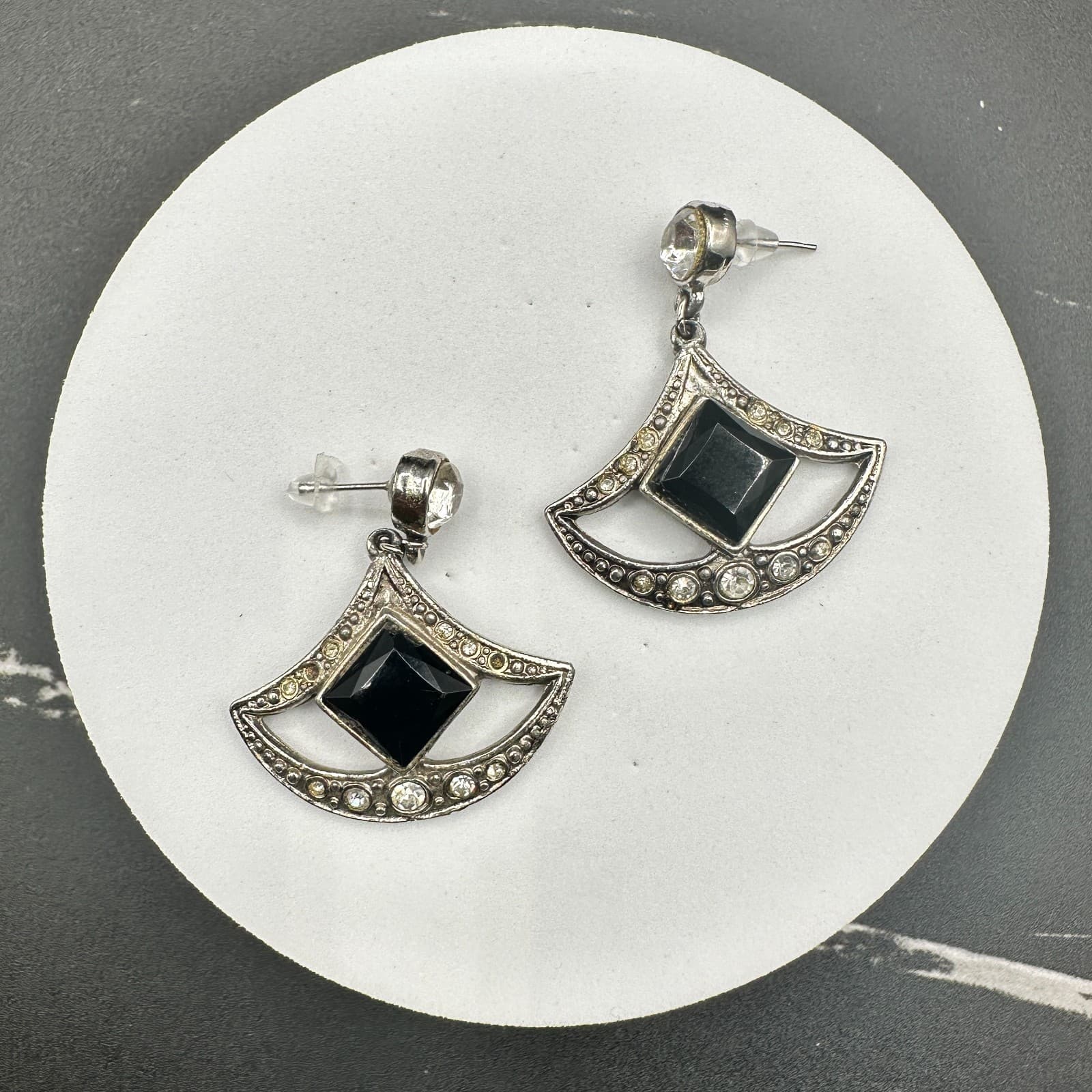 VTG Silver Tone Dangle Earrings Black Square Stone Rhinestone Art Deco Style