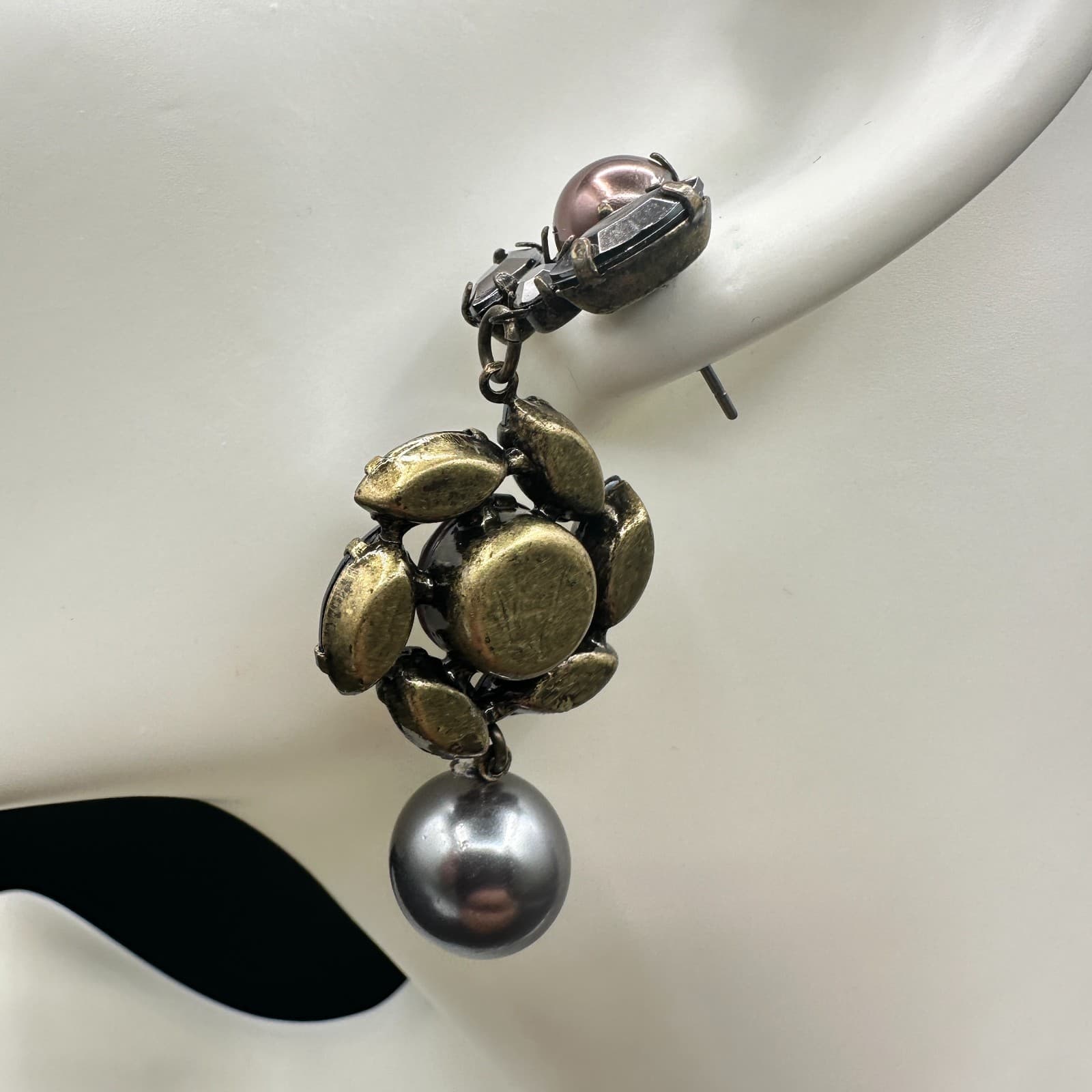 Vintage Statement Dangle Earrings Women Gray Pearl Drop Purple Crystal Antique