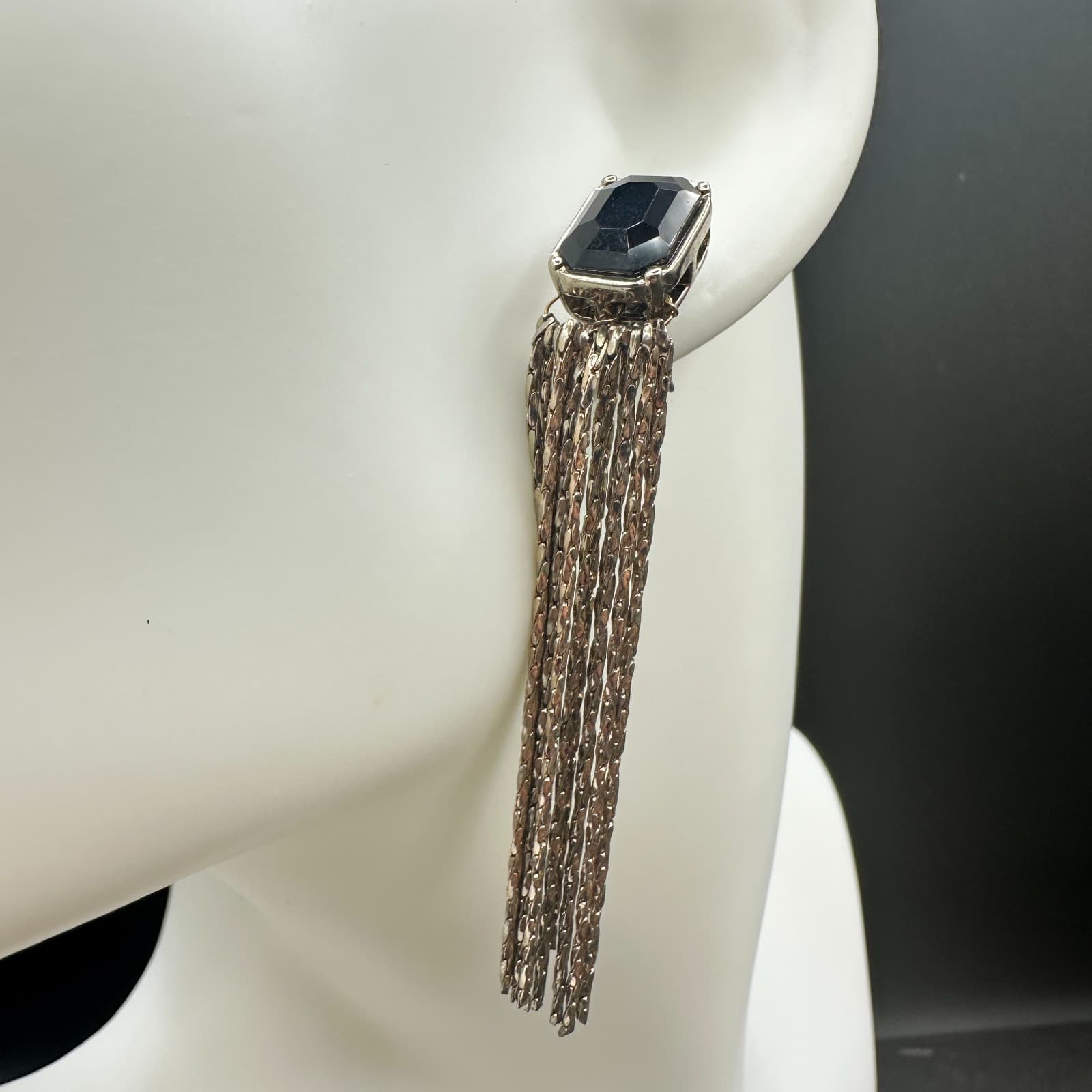 Vintage Silver Tone Black Faceted Stone Chain Tassel Clip-On Earrings