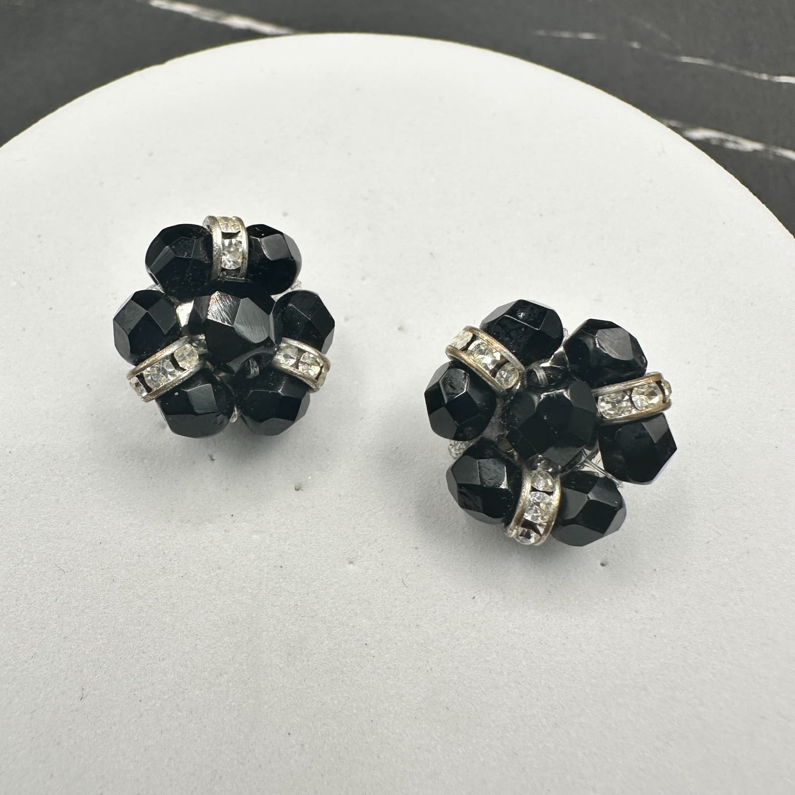 Vintage Black Bead Cluster Clip On Earrings Silver Tone Rhinestone Spacer Womens
