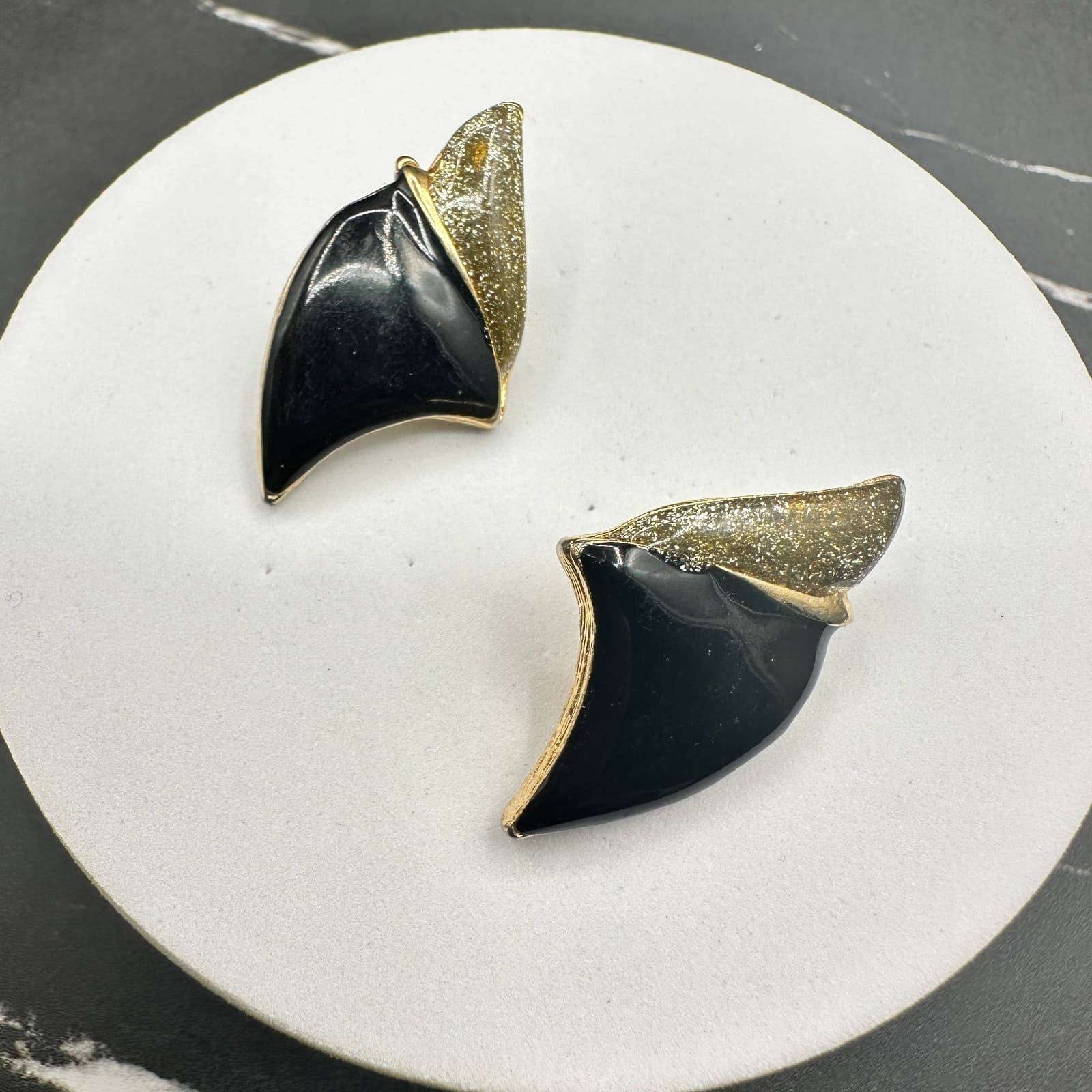 VTG Black Enamel Abstract Stud Earrings Gold Tone Modern Art Deco Style