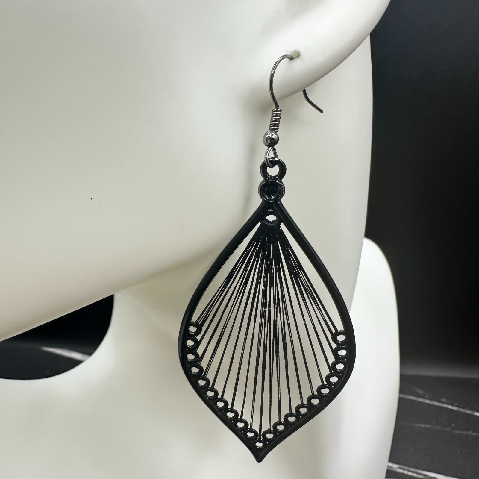 Vintage Black Metal Teardrop Filigree Dangle Earrings Boho Statement