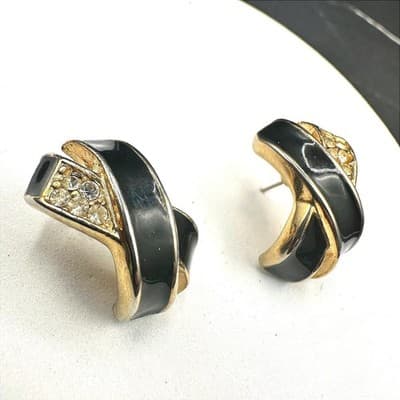 Vintage 80s Black Enamel Clear Rhinestone X Clip-on Earrings Gold Tone Jewelry