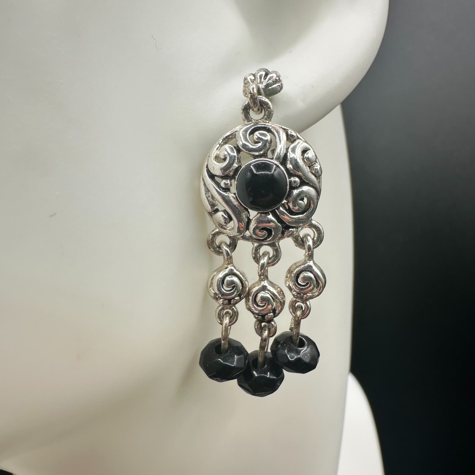 Avon VTG Silver Tone Filigree Dangle Earrings Black Beads Boho Statement Jewelry