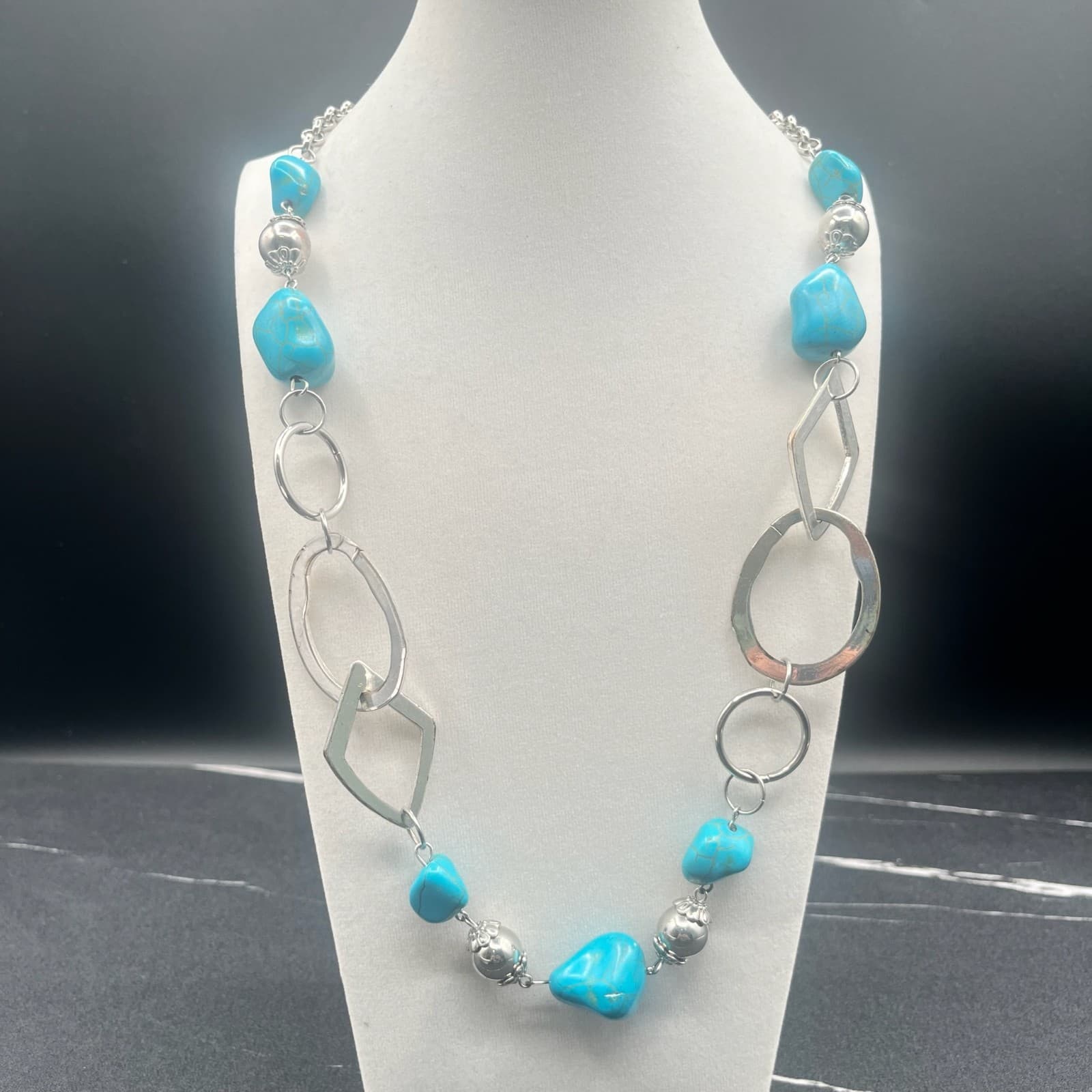 Vintage Y2K Silver Tone Statement Turquoise Beads Nugget Link Necklace Jewellery