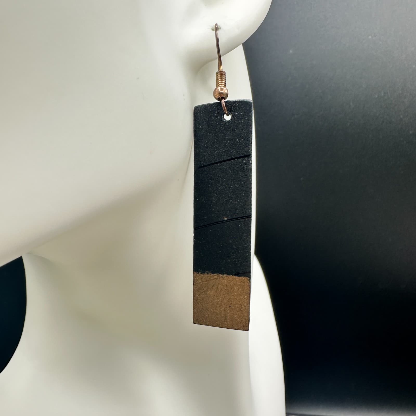 Handmade Black & Gold Geometric Rectangle Dangle Earrings Lightweight Boho Art