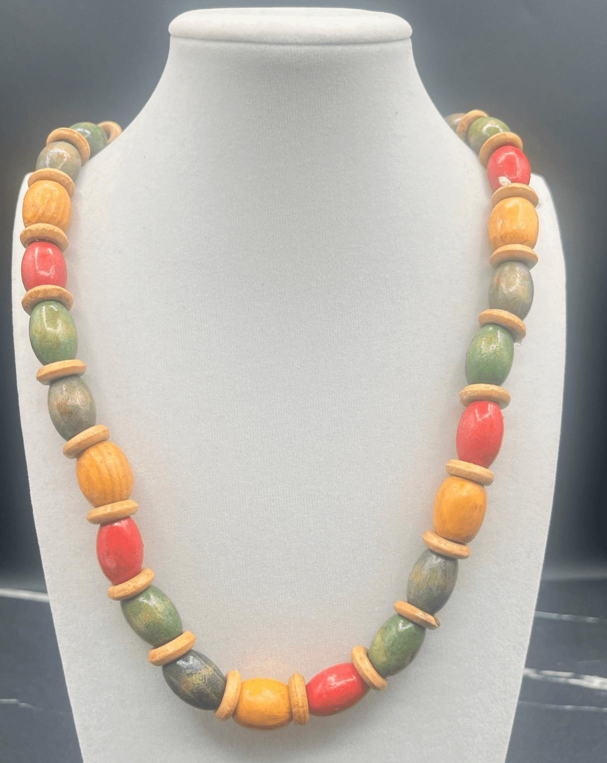 Vintage 90s Chunky Painted Wood Bead Necklace Statement Jewelry Barrel Hippie