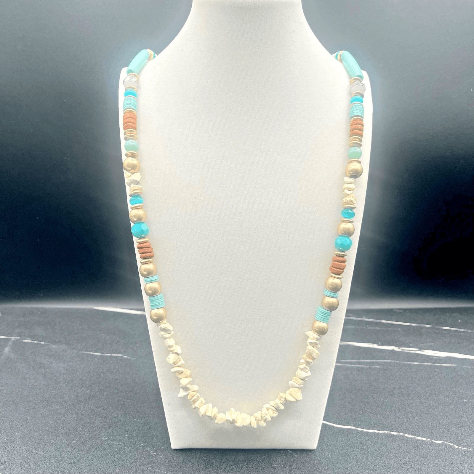Vintage 80s Boho Southwestern Necklace White Jasper Chips Turquoise Glass Beads