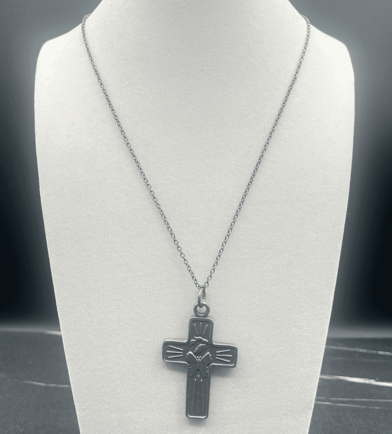 Vintage Style Cross Pendant Necklace Gunmetal Tone Butterfly Religious Charm