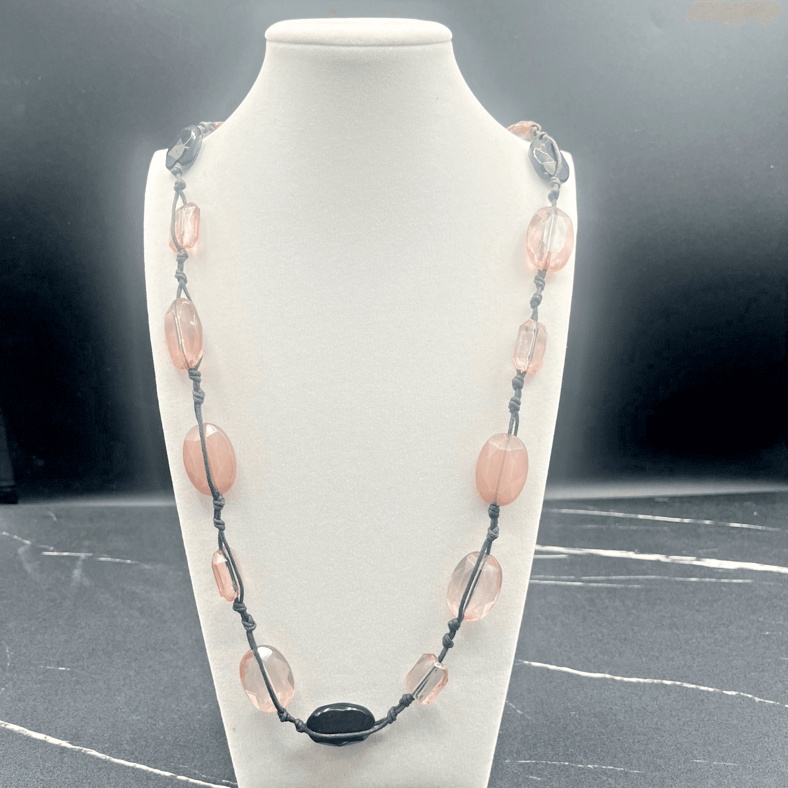 Vintage 90s Black Cord Necklace Pink Oval Faceted Glass Beads Knotted Jewellery