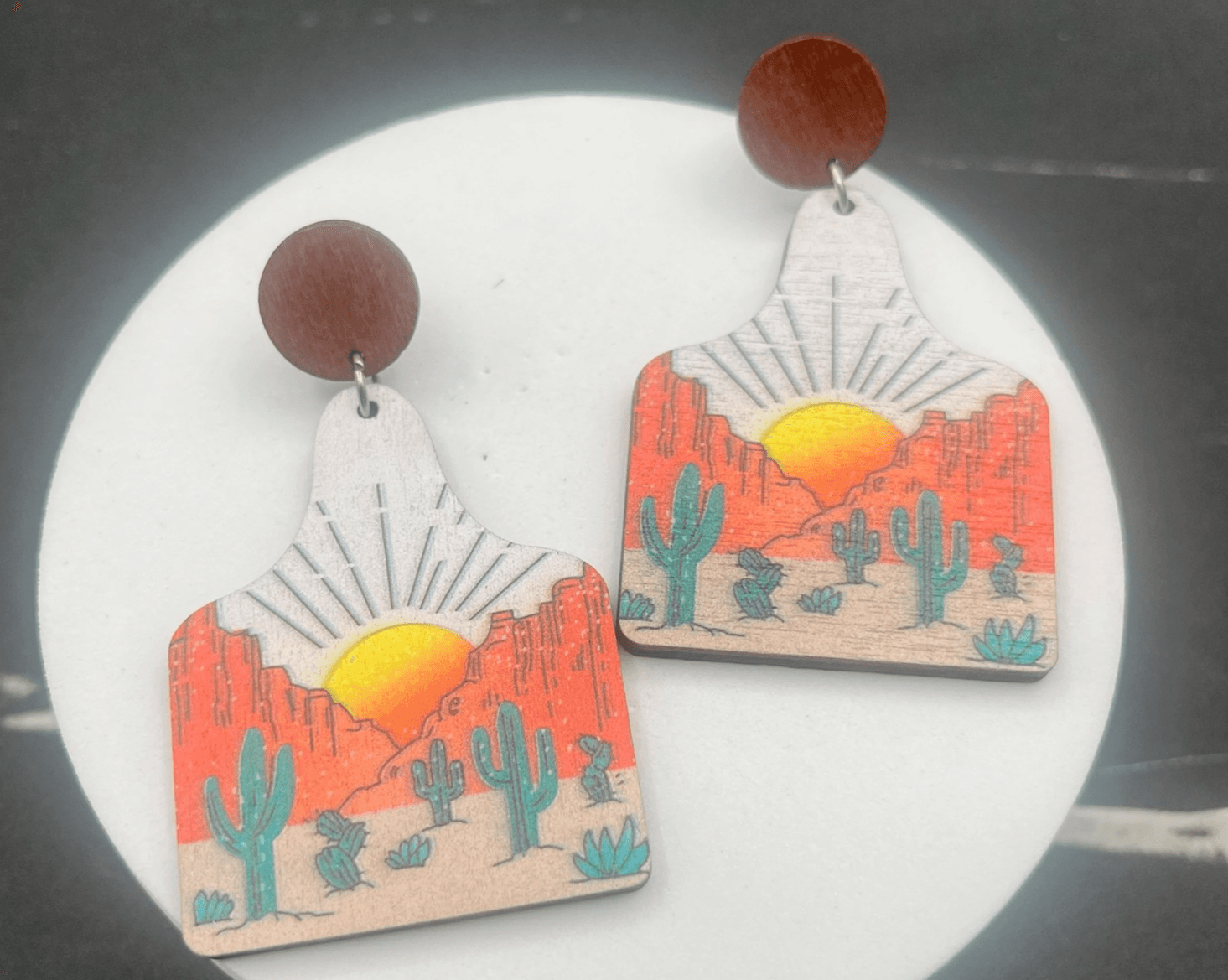 Vintage Desert Cactus Sunset Earrings Printed Wooden Dangle Western Jewellery