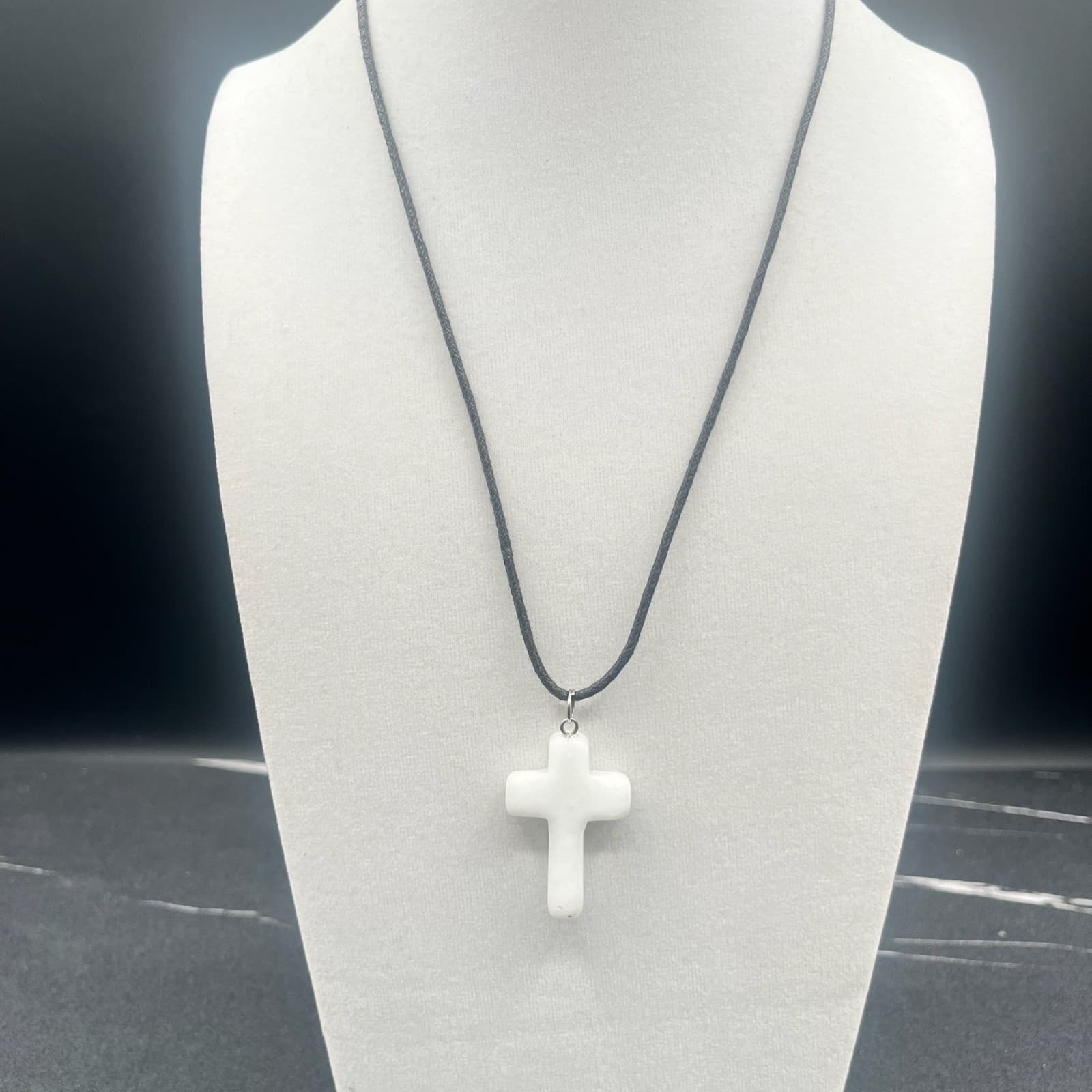 Vintage Chalcedony Cross Pendant Necklace Black Cord Spiritual Crystal Jewelry