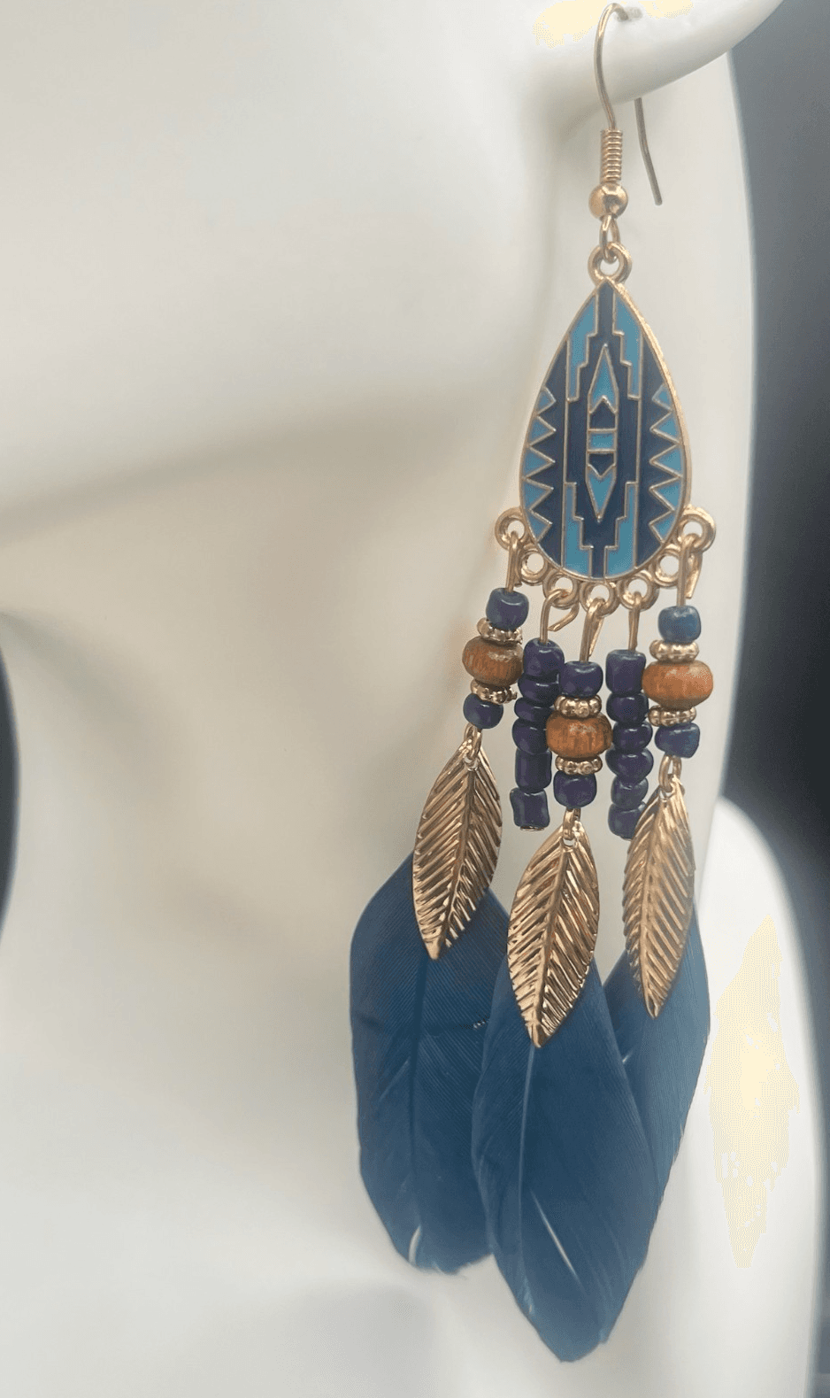 Vintage Feather Teardrop Beaded Dangle Earrings Gold Tone Statement Jewelry