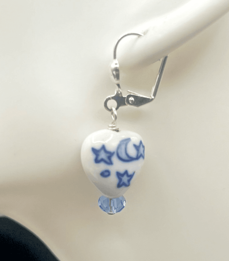 Vintage 90s Dangle Earrings Porcelain Heart Moon Stars Drop Women's Jewelry