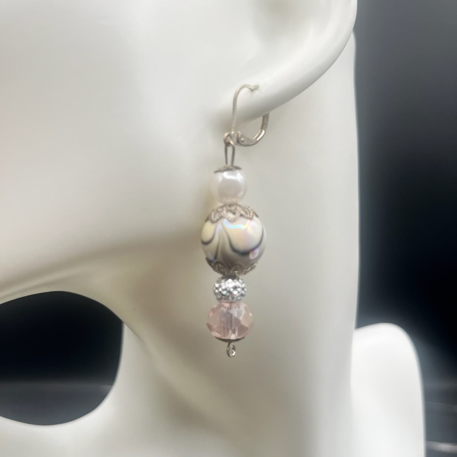 Vintage Pink Crystal Pearl Dangle Earrings Leverback Statement Jewellery
