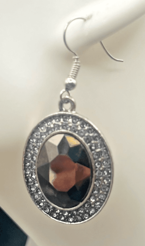 Vintage Y2K Silver Tone Black Oval Rhinestone Dangle Earrings Women's Jewelry