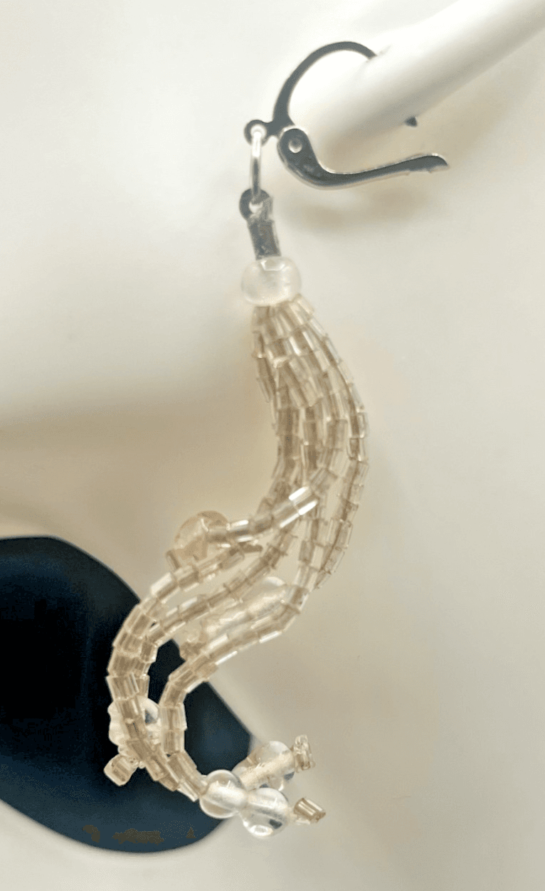 Vintage 90s Silver Tone Dangle Earrings Clear Seed Beaded Multi Strand Tassel