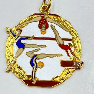 Vintage Gold Tone Gymnastics Medal Pendant Blue Red White Enamel Laurels Wreath