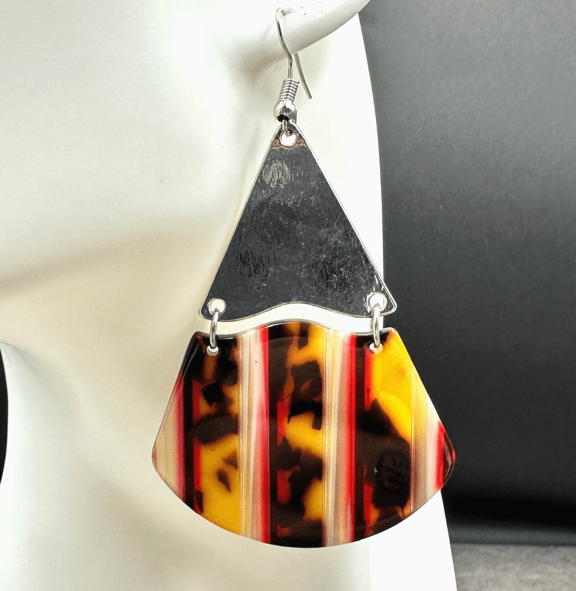 Vintage 80s Tortoiseshell Dangle Earrings Silver Tone Geometric Retro Statement