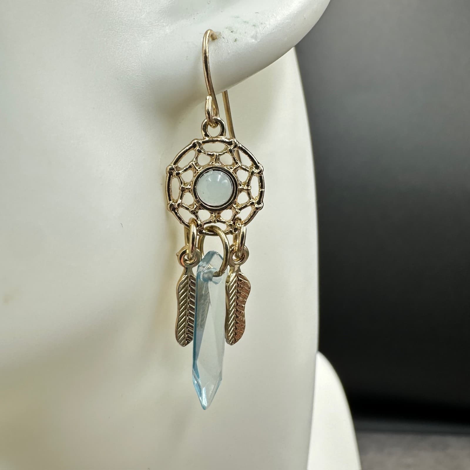 Gold-Tone Dreamcatcher Blue Crystal Boho Feather Dangle Earrings