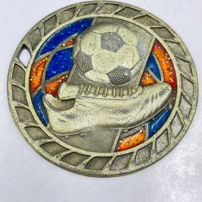 Vintage Soccer Medal Pendant Gold Tone Sports Trophy Charm Blue Orange Glitter