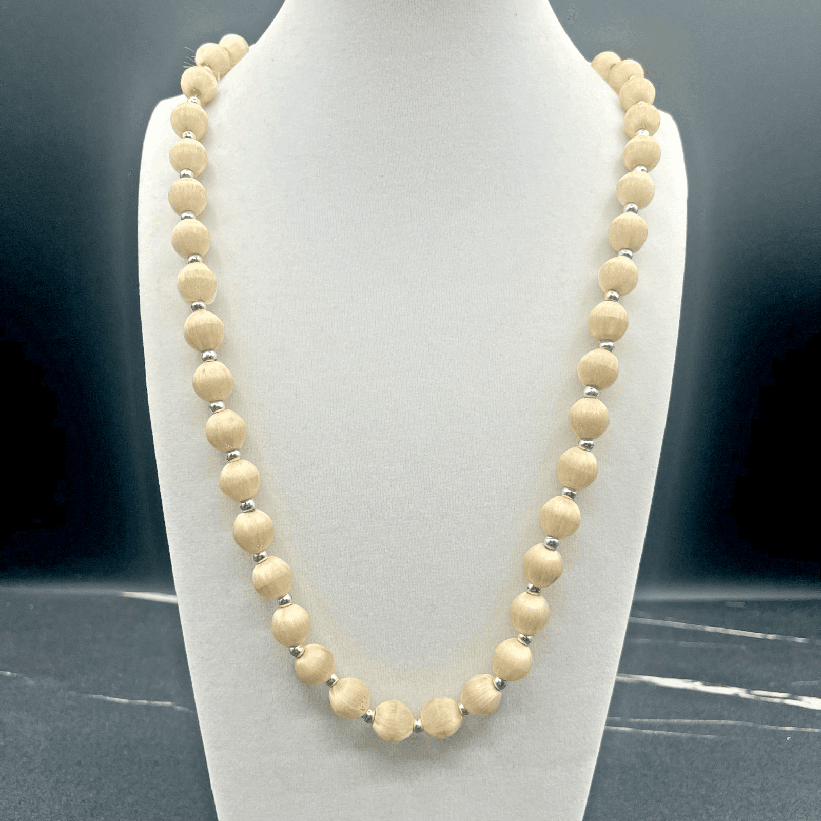 Vintage Plastic Hairs Beaded Necklace Neutral Spacer Silver Tone Women jewellery