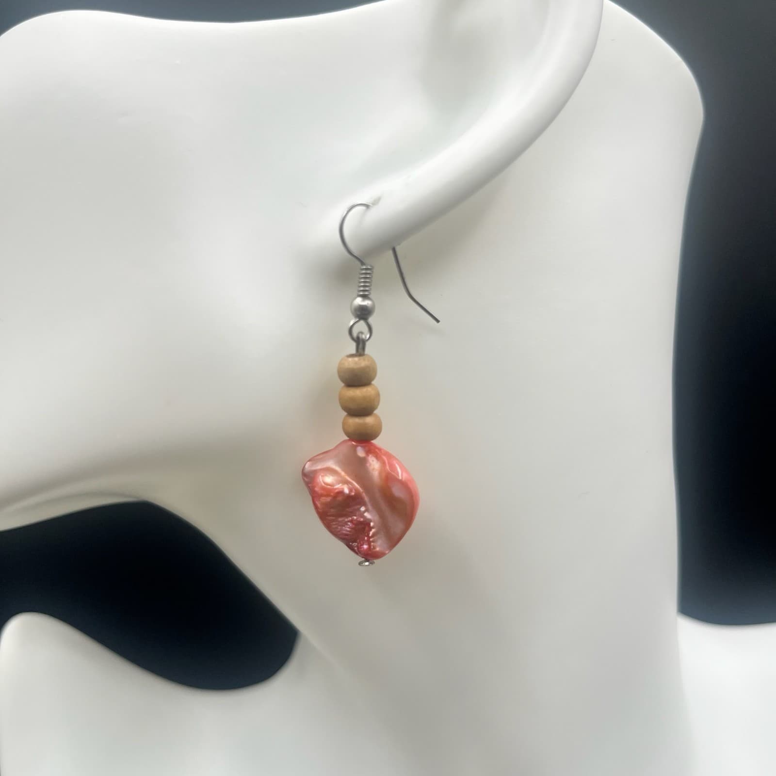 Vintage Shell Dangle Earrings Red Iridescent Bead Wood Boho Style Jewelry