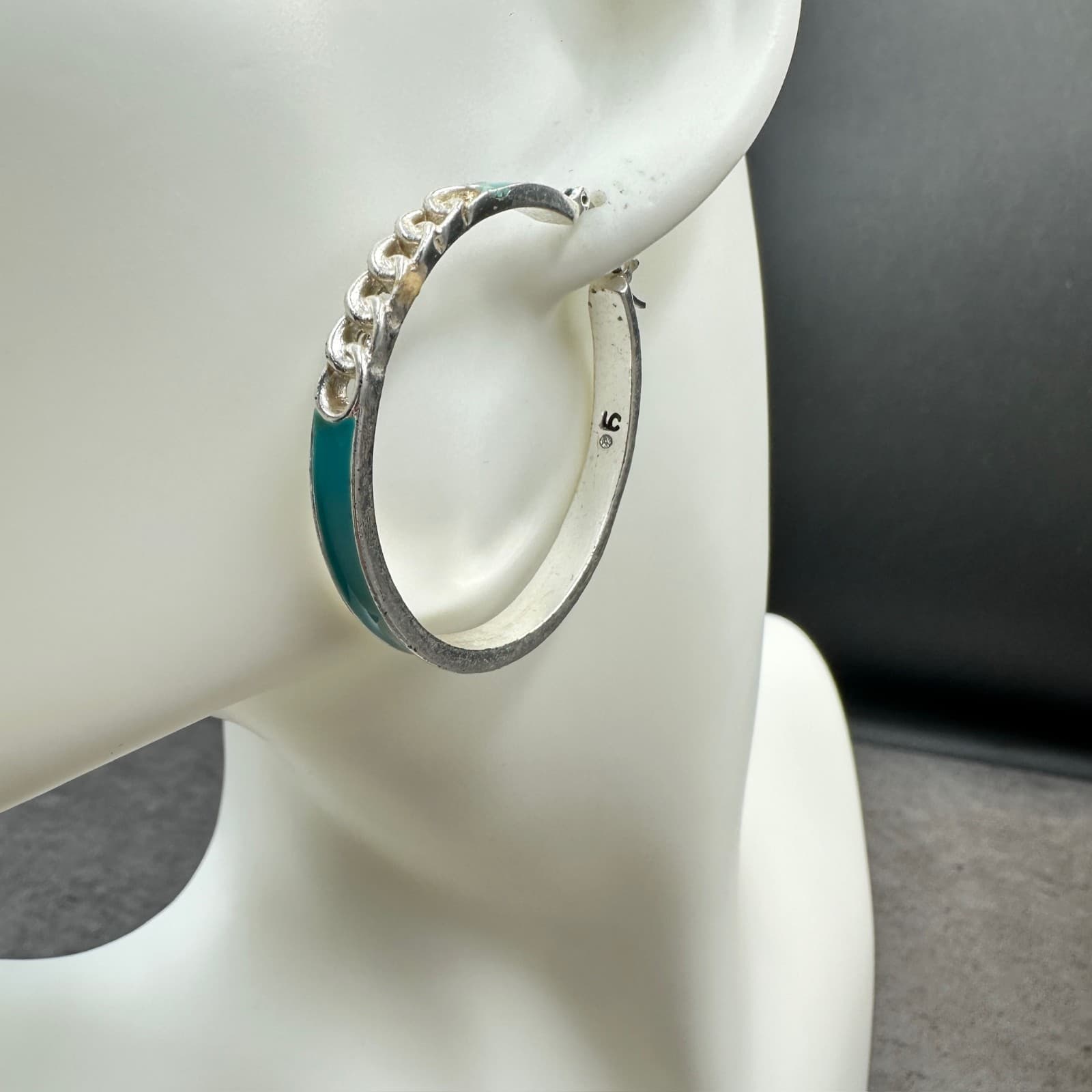 Silver Hoop Earrings w/ Teal Enamel & Chain Detail – Modern Bold Statement