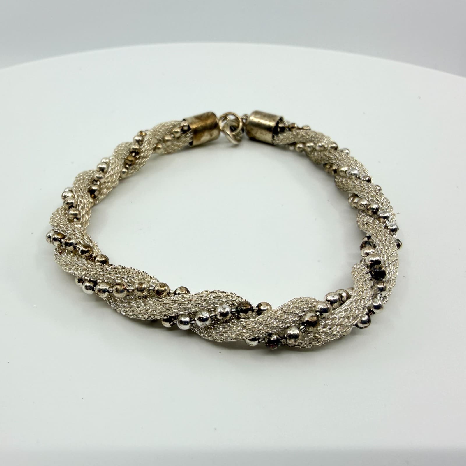 Vintage Silver Tone Mesh Twist Bangle Bracelet Beaded Ball Caviar Statement Y2K