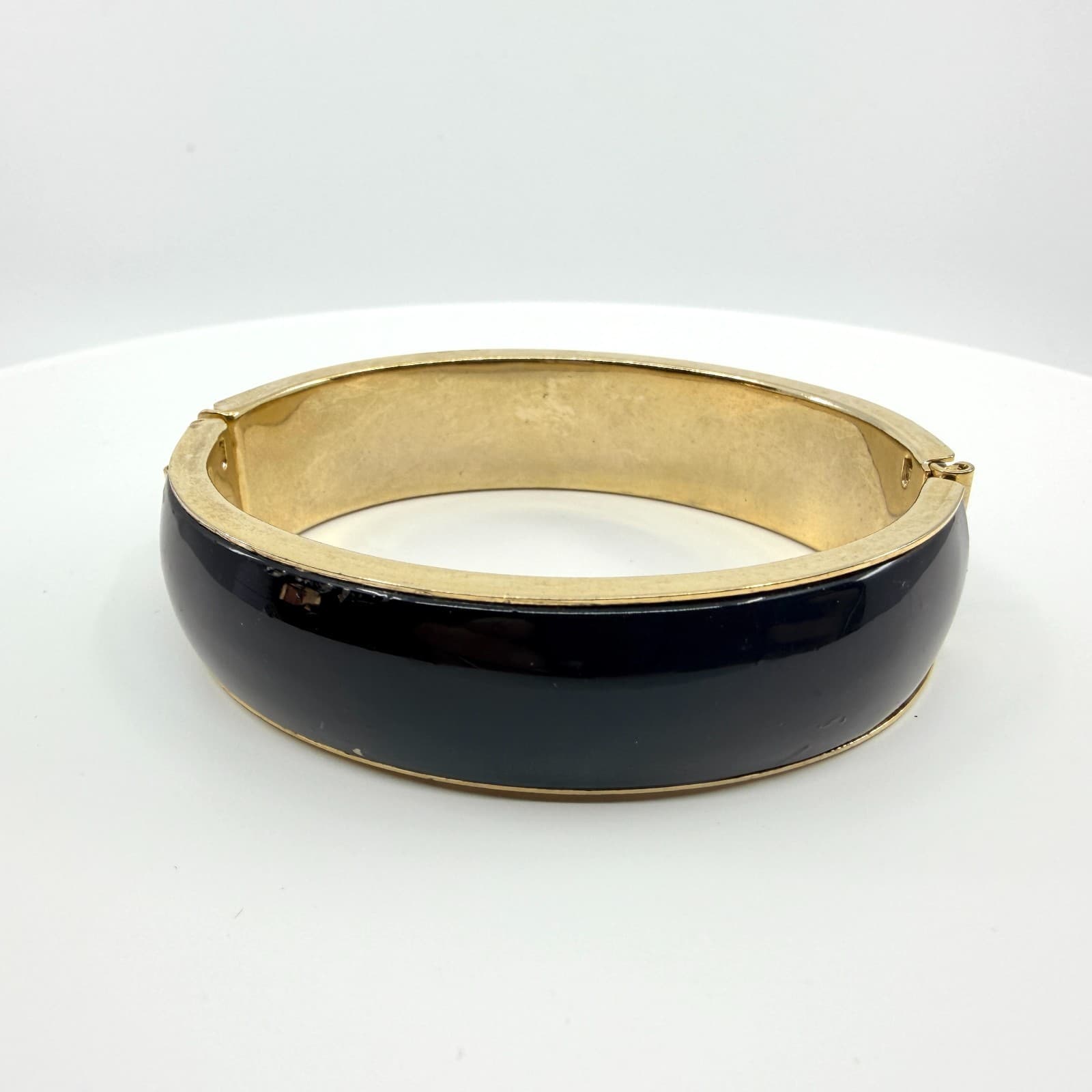 Vintage Gold Tone Black Enamel Hinged Bangle Bracelet Chunky Statement Retro 90s