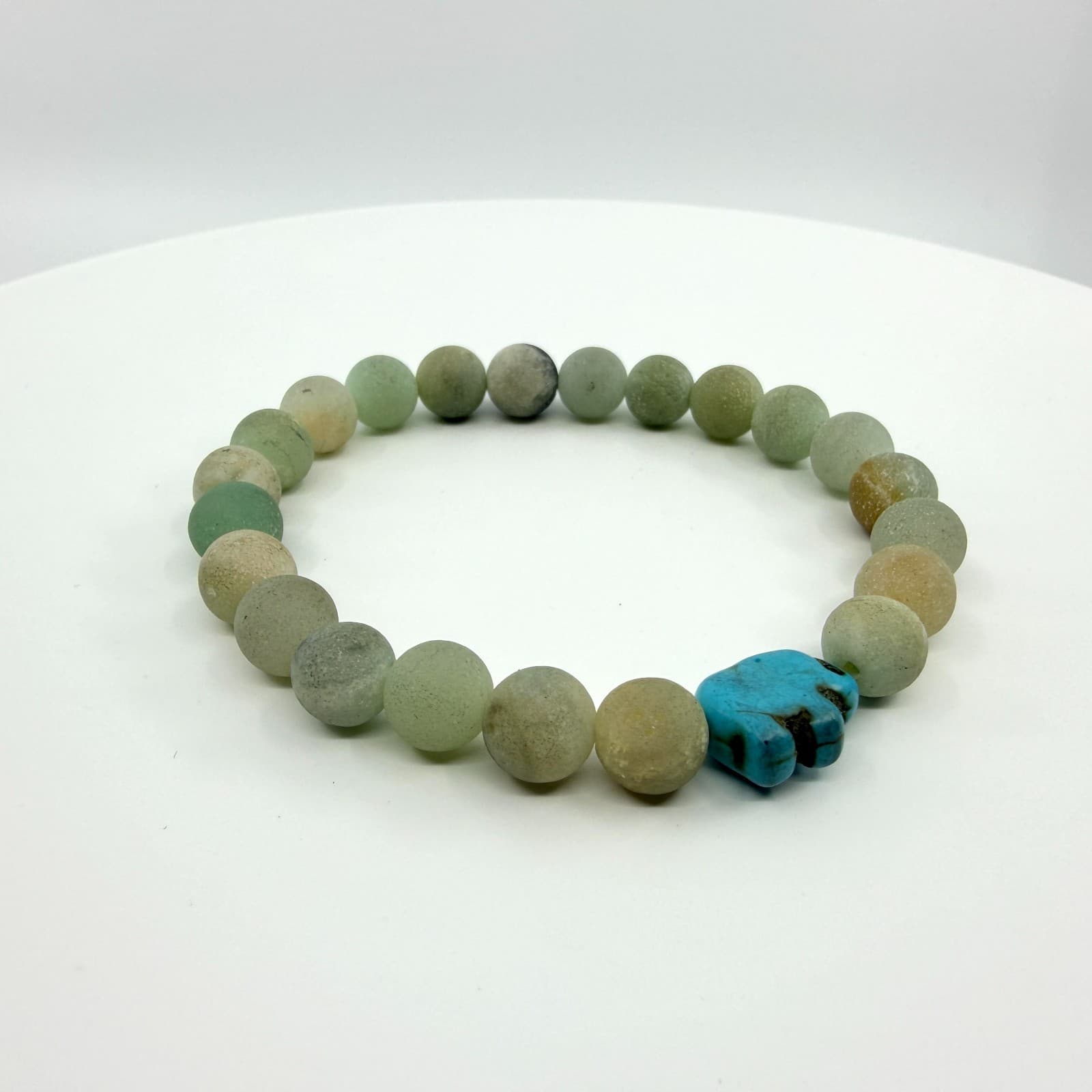 Vintage Matte Amazonite Beaded Stretch Bracelet Blue Turtle Charm Boho Statement