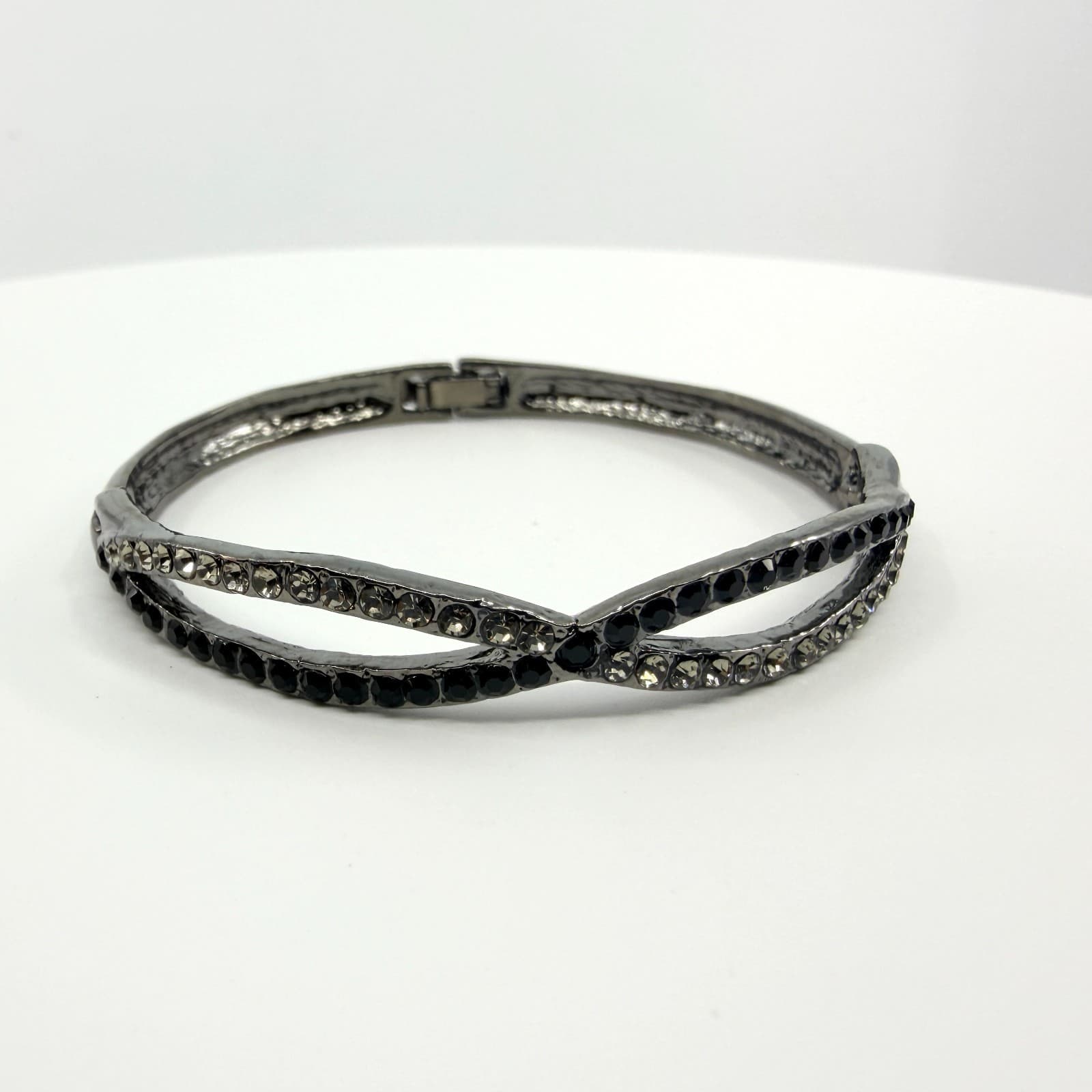 Vintage Gunmetal Tone Black Clear Rhinestone Hinged Bangle Bracelet Infinity 90s
