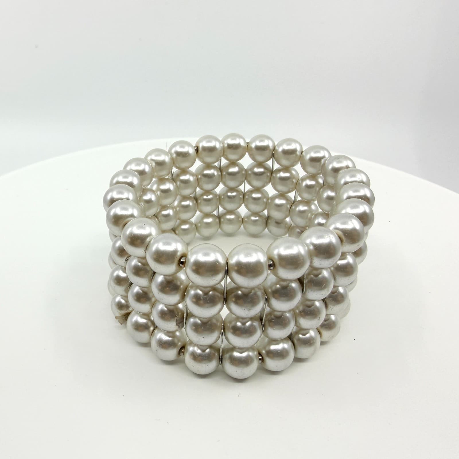 Vintage White Faux Pearl Multi Row Stretch Cuff Bracelet Chunky Statement Boho