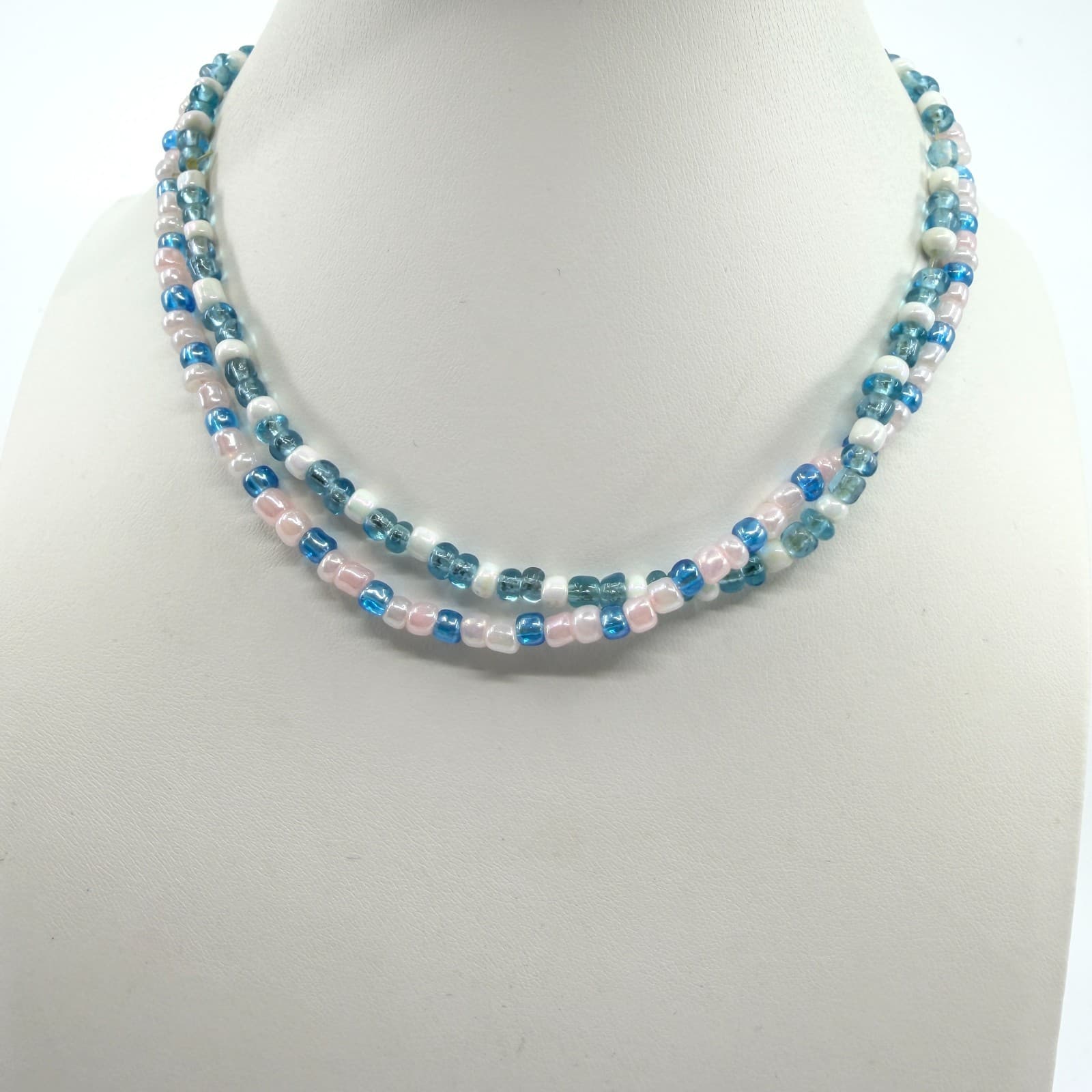 Vintage Blue Pink White Glass Seed Bead Double Strand Necklace Boho Layered 90s