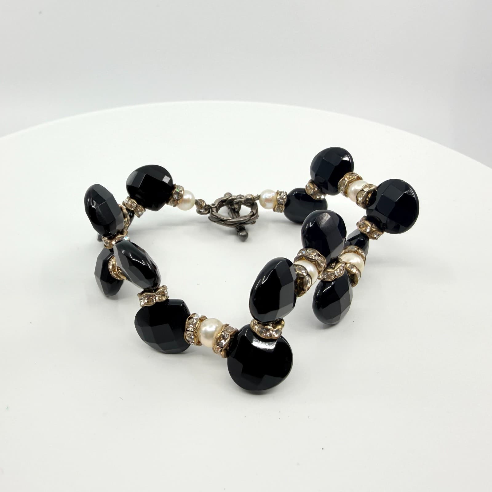 Vintage Gunmetal Tone Black Faceted Bead Faux Pearl Rhinestone Toggle Bracelet
