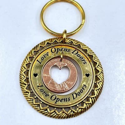Vintage Love Opens Doors Inspirational Keychain with Heart Cutout Penny Charm