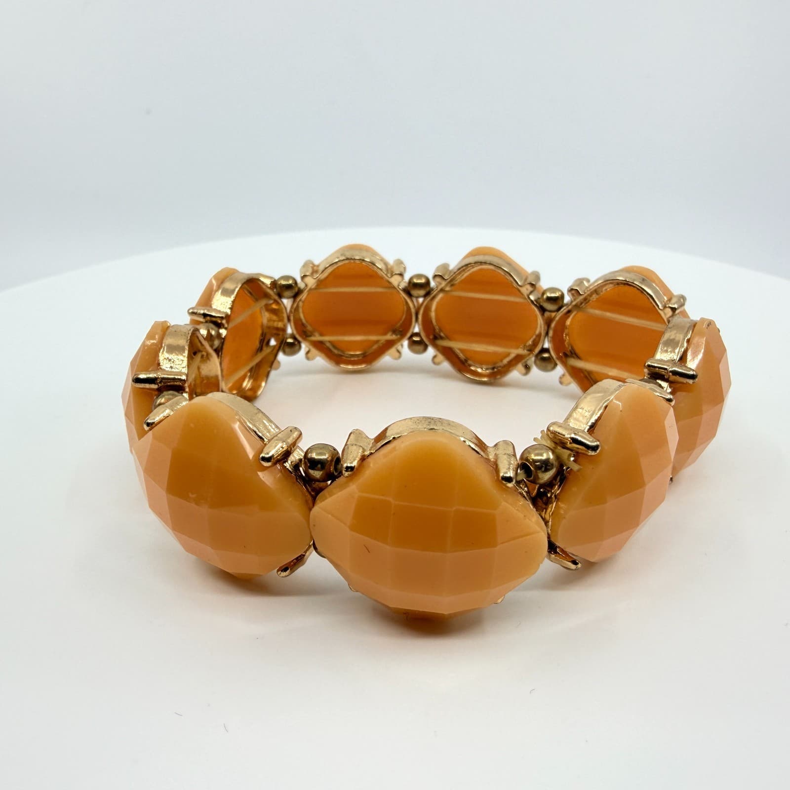 Vintage Gold Tone Peach Apricot Faceted Bead Stretch Bracelet Chunky Statement