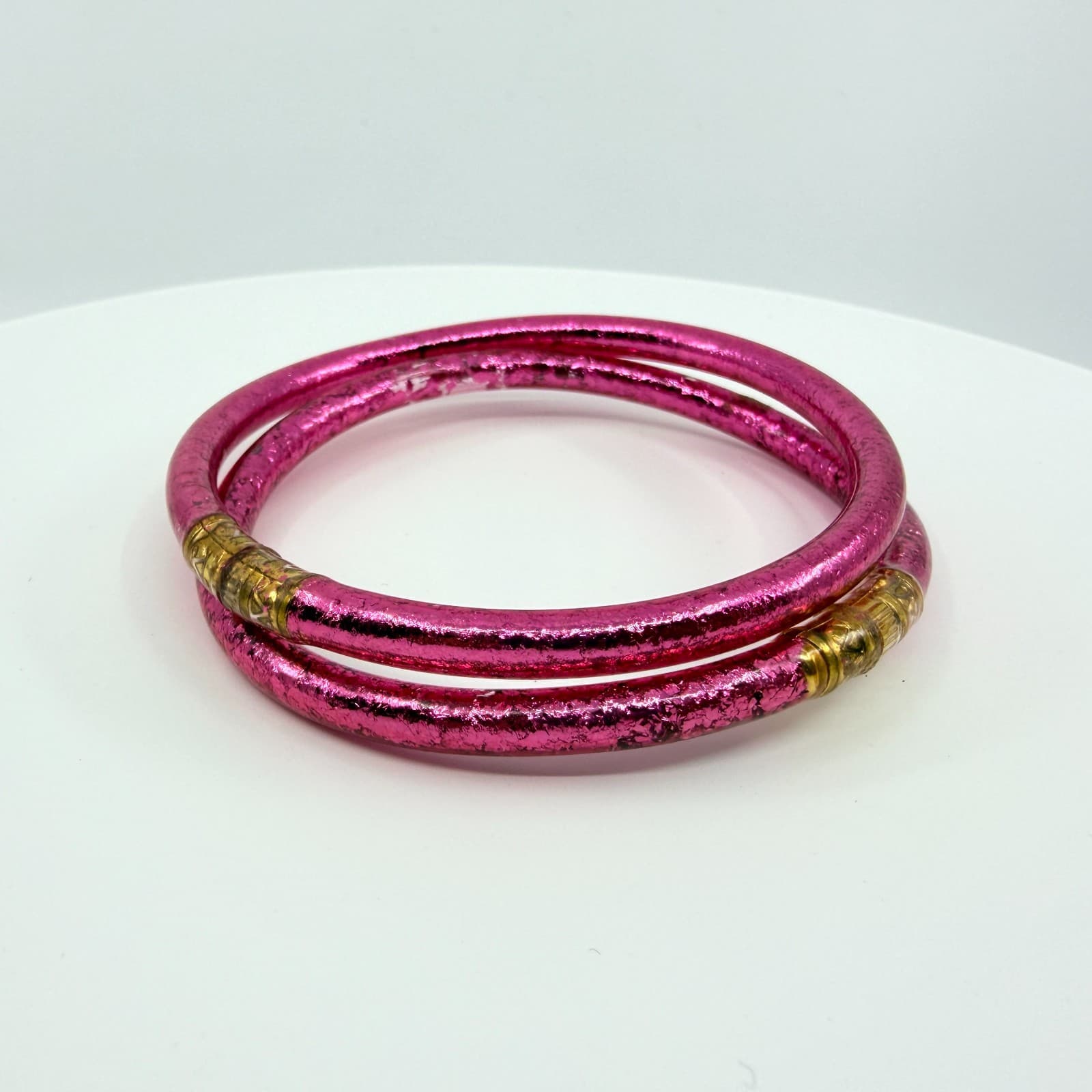 Vintage Pink Glitter Jelly Bangle Bracelet Set Gold Tone Accent Waterproof Boho