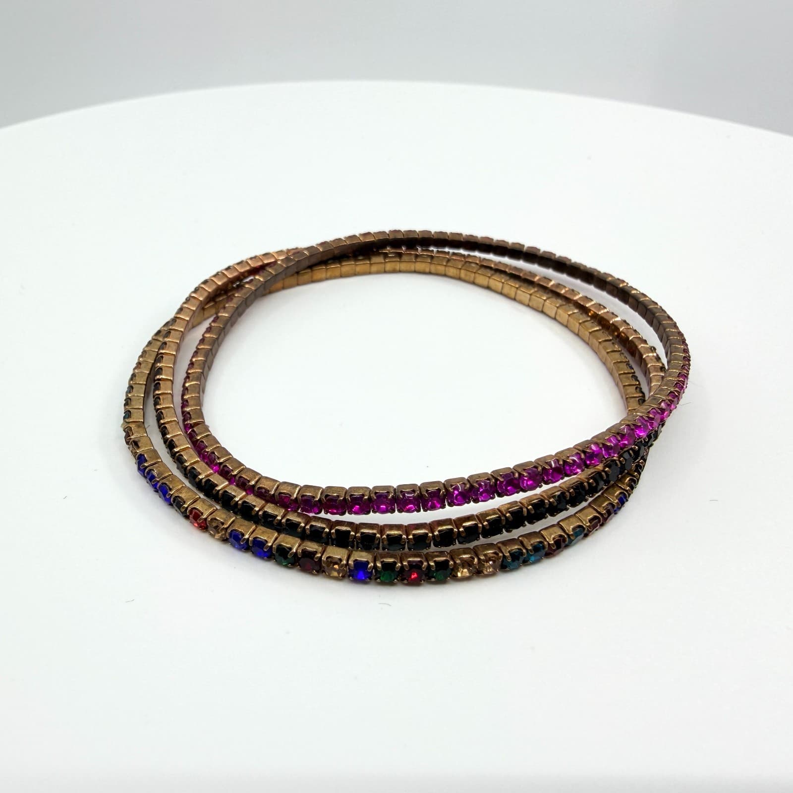 Vintage Bronze Tone Multi Color Rhinestone Stackable Stretch Bracelet Set 3 90s