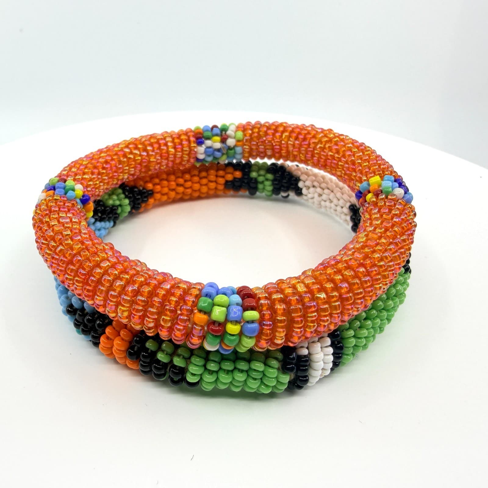 Vintage South African Zulu Beaded Rope Bangle Set 2 Orange Green Boho Statement