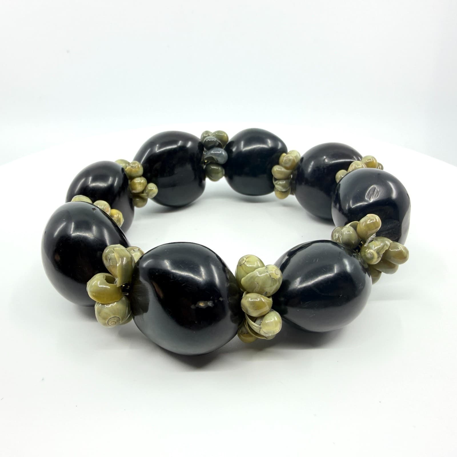 Vintage Black Kukui Nut Shell Stretch Bracelet Chunky Statement Boho Luau Retro