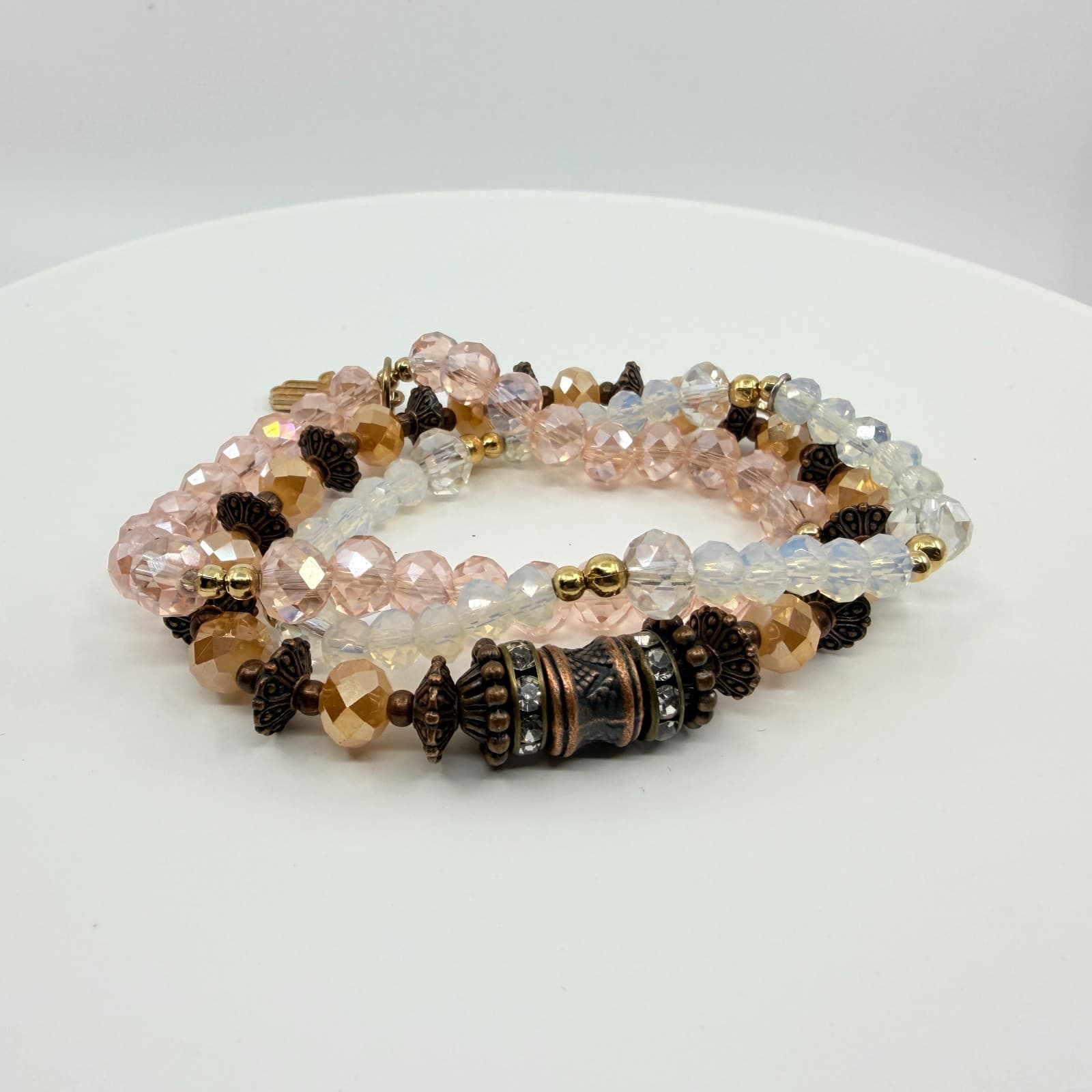 Vintage Copper Tone Peach Iridescent Beaded Stackable Stretch Bracelet Set 3